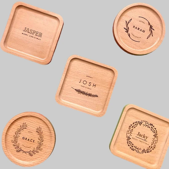 Posavasos de madera de haya redondos y cuadrados grabados personalizados para regalos personales