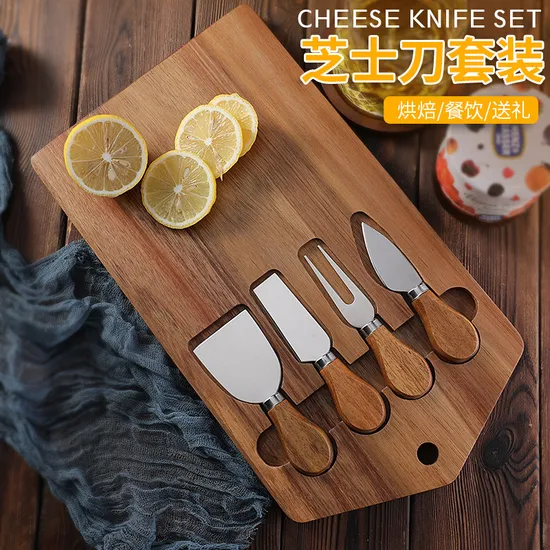 Vintage - Juego de tabla de quesos de acacia y cuchillos negros de inspiración vintage para cocina