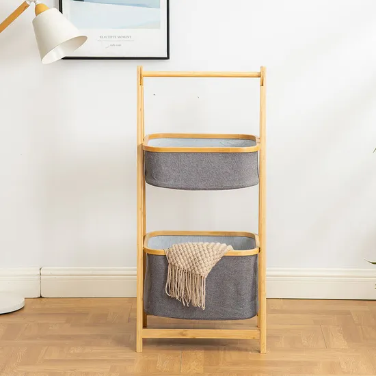 Cesta de lavandería con estante de almacenamiento de tela de bambú de doble capa en forma de A de gran capacidad para baño