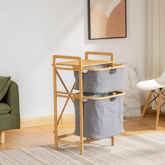 Suelo de baño de doble capa: estante de almacenamiento de tela y bambú como cesta para ropa sucia