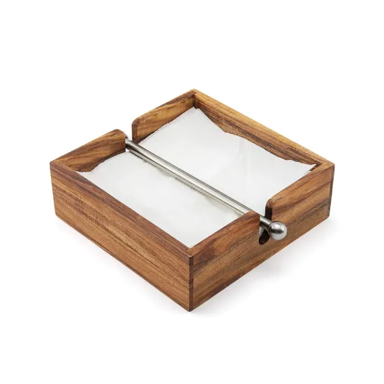 Servilletero de madera de acacia con barra central de acero inoxidable ponderada