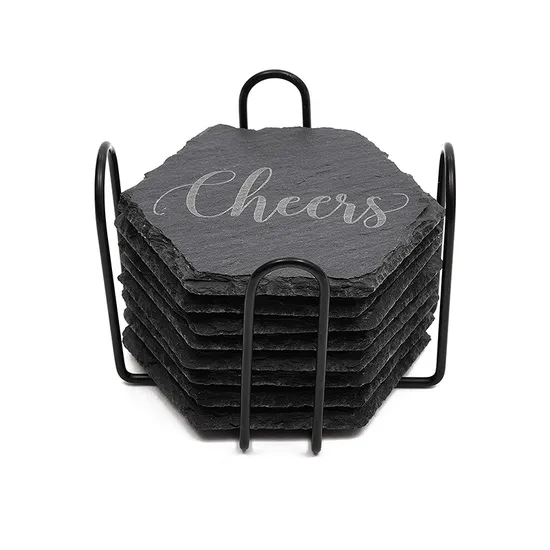 Posavasos de pizarra negros de forma redonda grabados personalizados con soporte de metal