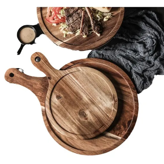 Bandeja funcional redonda personalizada para servir embutidos y quesos de madera de acacia con asa Bulkbuy