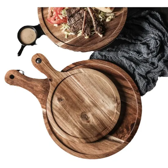 Bandeja funcional redonda personalizada para servir embutidos y quesos de madera de acacia con asa Bulkbuy