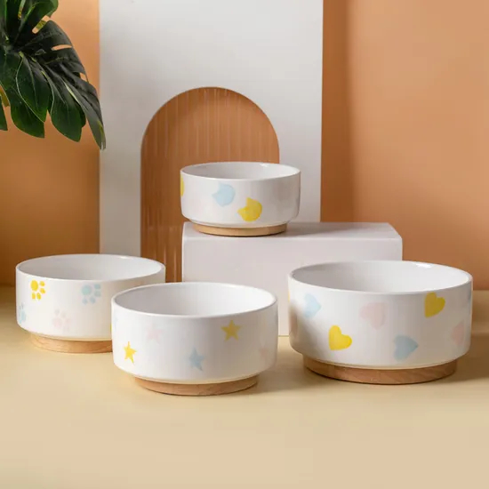 Tazón de comida para mascotas de cerámica de diseño personalizado redondo con base de madera