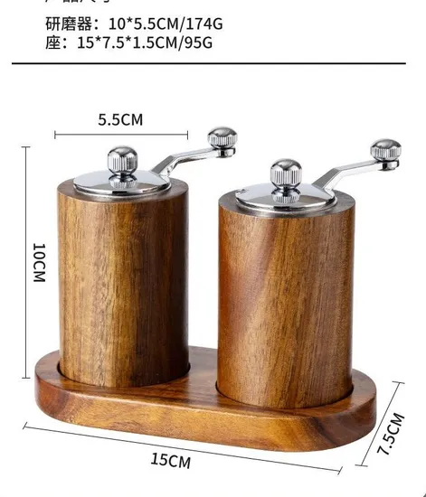 Jarrón molinillo de pimienta de madera de acacia con manivela y bandeja