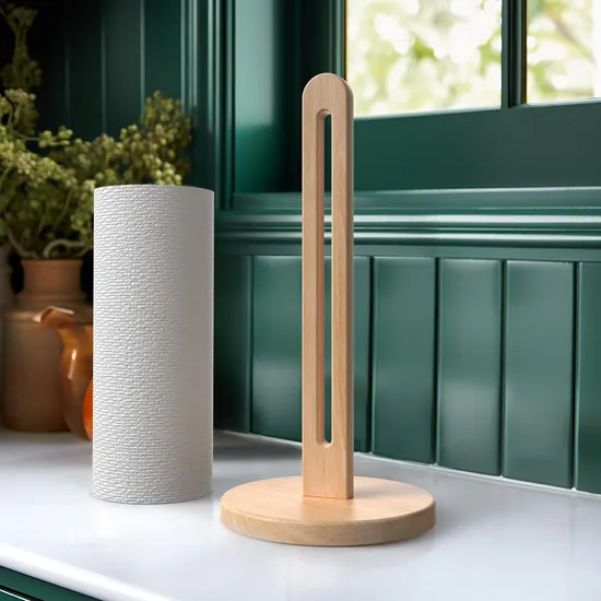 Soporte dispensador de toallas de papel de madera maciza de haya con base antideslizante