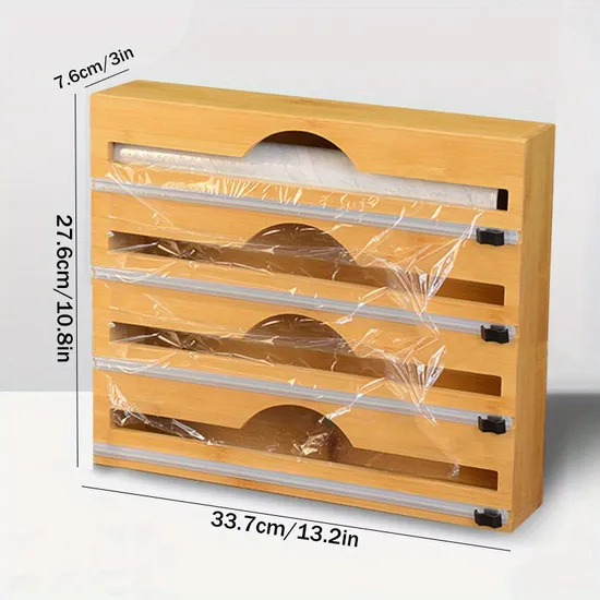 Caja de almacenamiento y cortador de envoltorios para alimentos de bambú y madera