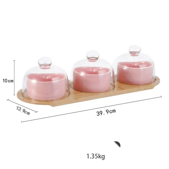 Cuenco vendedor caliente para servir con bandeja de madera y tapa de vidrio abovedado para cuenco de postre de cerámica para aperitivos de frutas