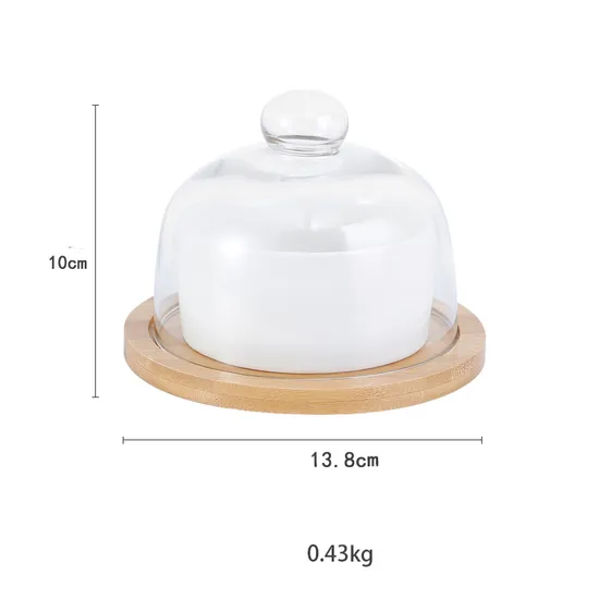 Mini soporte redondo para pasteles de madera de bambú con cúpula de vidrio y tazones de cerámica para pasteles y platos de queso