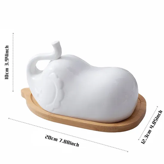 Plato de mantequilla de bambú con tapa de cerámica en forma de elefante para cocina de encimera