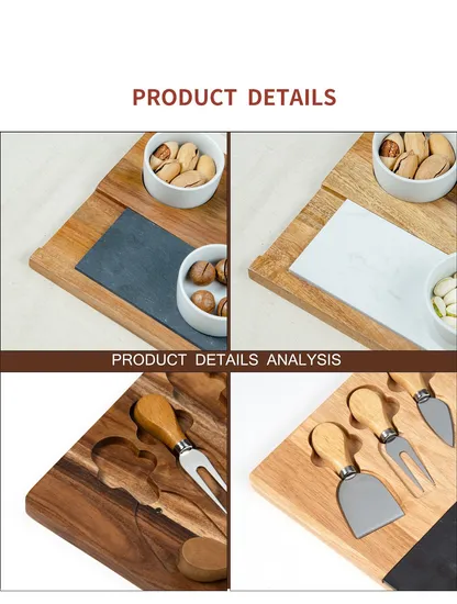 Tabla de cortar de madera de caucho con pizarra y 3 vasos para salsas