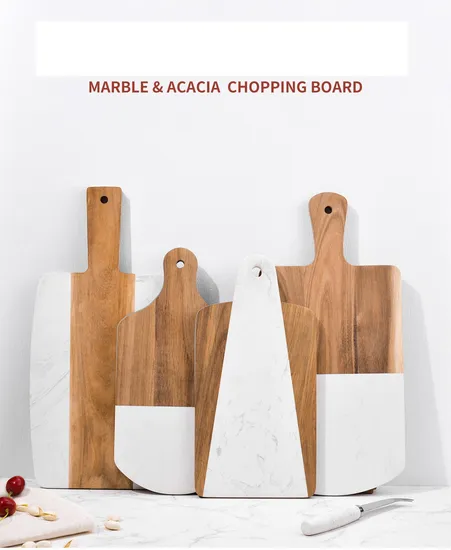 Tabla de Cortar y Picar de Mármol Blanco y Madera de Acacia para Quesos y Embutidos
