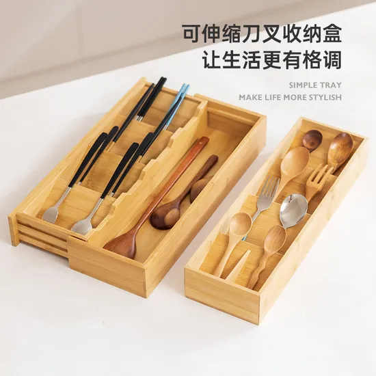 Organizador de cajones expandible de bambú para cubiertos, cubiertos y cuchillos en la cocina