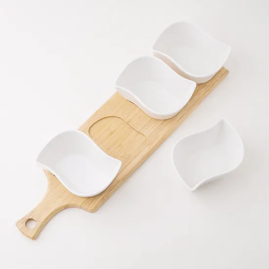 Bandeja de madera de bambú, bandeja para aperitivos y condimentos de frutas, bandeja para servir postres con 3 cuencos de cerámica blanca