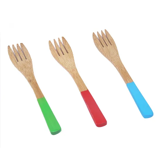 Tenedor de camping de bambú para bebé con mango colorido