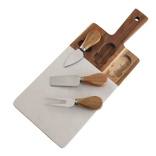 Tabla de servir de madera de mármol y acacia con juego de cuchillos para queso y mango