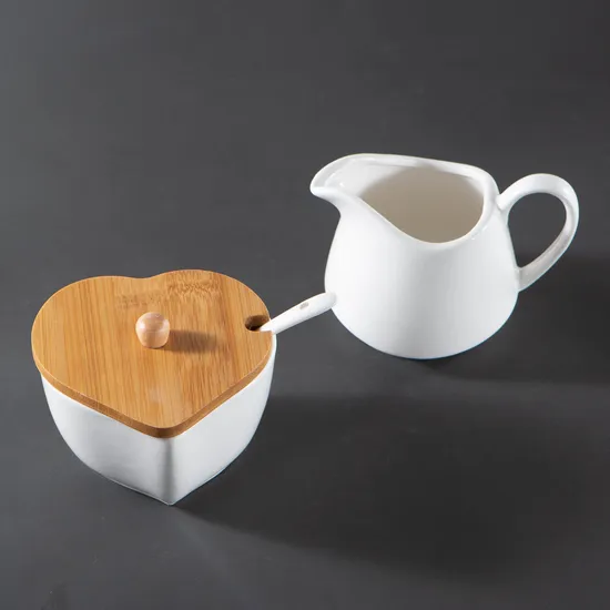 Juego de servicio de café con crema y azúcar de cerámica blanca de 3 piezas con tapa y bandeja de bambú para servir