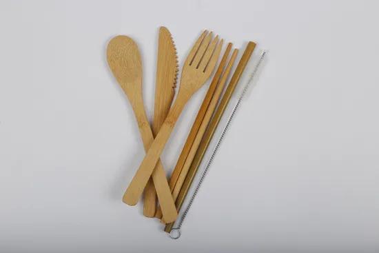 Juego de cubiertos de bambú portátil para acampar con pajita y cepillo de limpieza