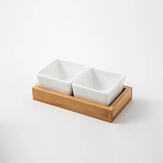 Juego de platos de cerámica para servir con bandeja de bambú