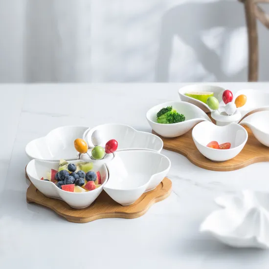Ensaladera de cerámica de 5 rejillas y plato para salsa con bandeja de bambú para servir té de la tarde, frutas, postres y nueces