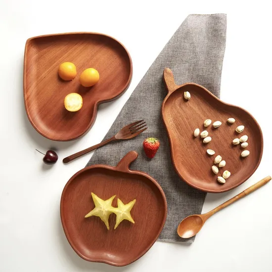Bandeja multiusos para servir platos de comida de madera de ébano con forma de manzana