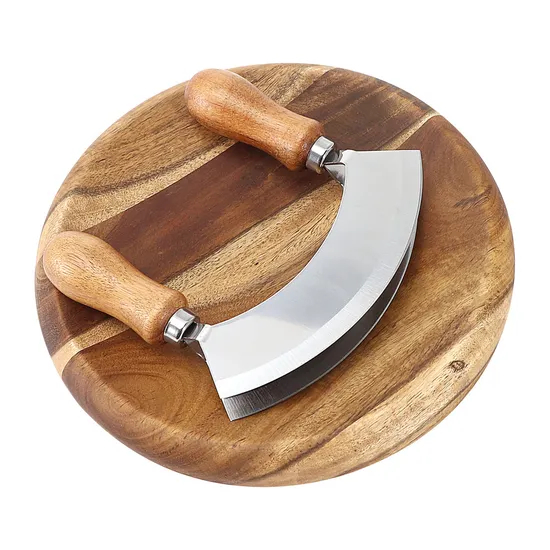 Tabla de cortar redonda de madera con picadora de hierbas Mezzaluna de acero inoxidable de doble hoja