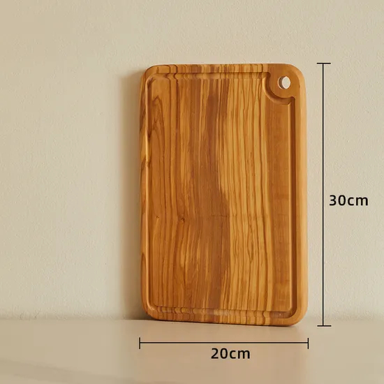 Tabla de cortar rectangular reversible de madera de olivo con ranura profunda para jugo