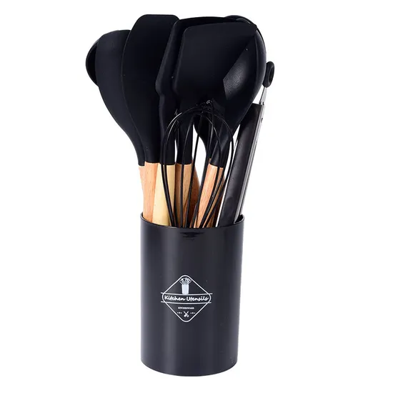 Pinzas giratorias resistentes al calor, espátula, cuchara, cepillo, batidor, utensilios de cocina de silicona, juego de utensilios de cocina con mango de madera