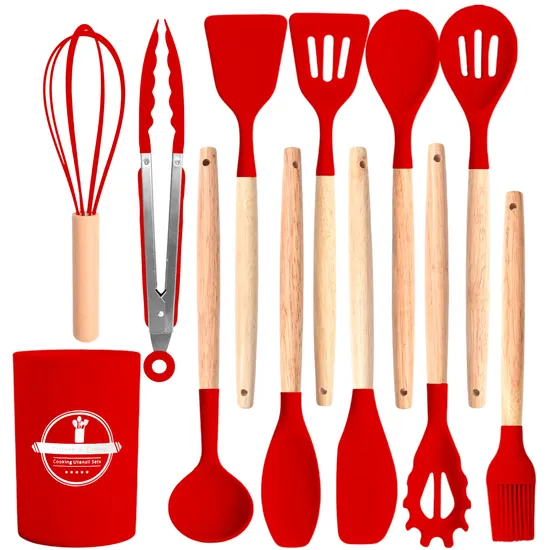 Juego de utensilios de cocina de silicona multiusos, 12 Uds., herramientas de cocina, utensilios de cocina con mango de madera y soporte de almacenamiento