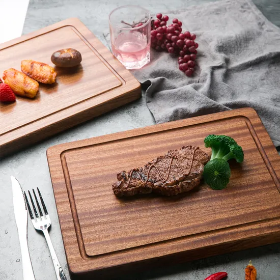 Tabla de cortar rectangular de madera de ébano con ranura para jugo