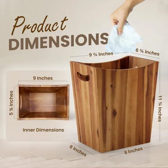 Papelera pequeña de madera de Acacia con asas para baño