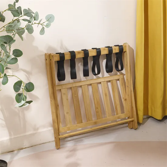 Portaequipajes plegable de bambú y madera de pie para habitación de hotel, portaequipajes para almacenamiento de equipaje.