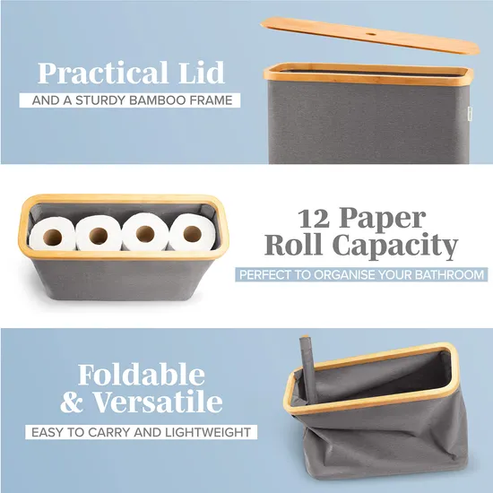 Portarrollos de papel higiénico de color gris resistente al agua con tapa de bambú