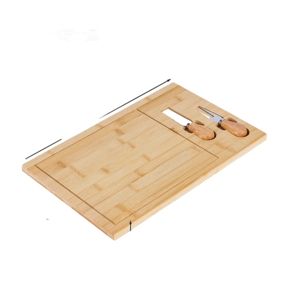 Tabla de cortar de bambú maciza amigable para queso con 2 cuchillos para queso fabricados en la fábrica de Fujian