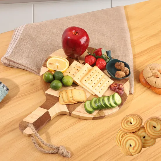 Tabla de cortar de madera de caucho en forma de espiga con mango