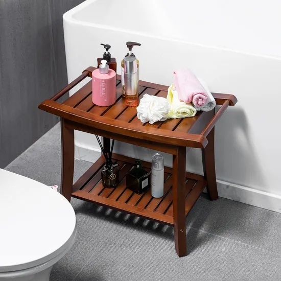 Taburete de baño de bambú antideslizante e impermeable de color carbonizado, taburete de ducha con toalla Hange