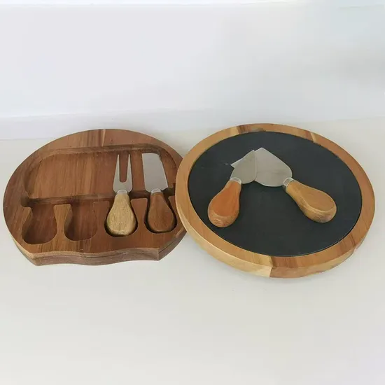 Tablas redondas compactas giratorias de madera de Acacia para embutidos, tabla de quesos de pizarra con juego de cuchillos