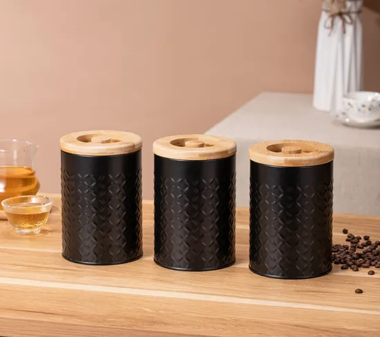 Juegos de botes de metal negro para almacenamiento de azúcar, té y café
