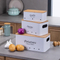 Juego de 3 cajas de almacenamiento de metal para patatas, cebollas y ajos con tapa y asa de bambú