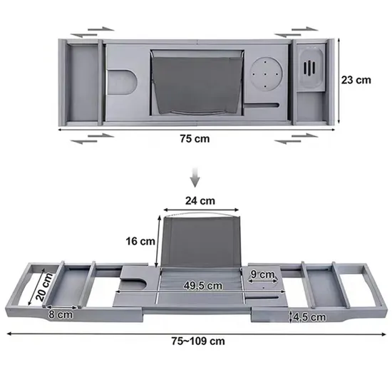 Bandeja de bambú extensible para bañera, color gris, con soporte para libros y vinos
