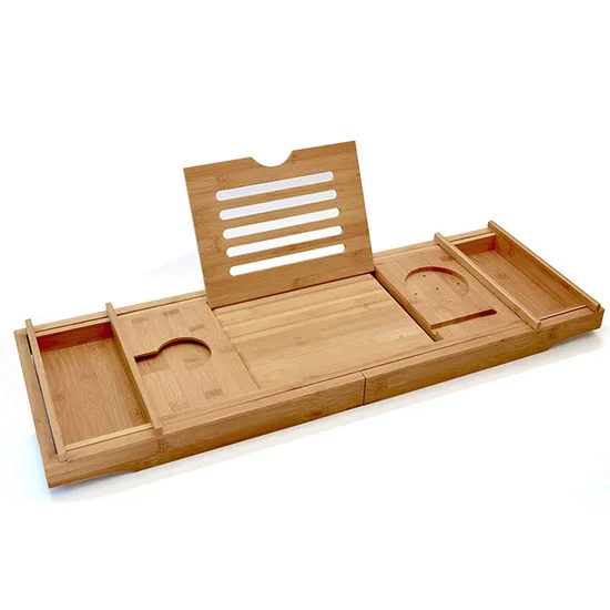 Tenedor de bambú de la bañera del estante del almacenamiento del cuarto de baño del color blanco con el tenedor del teléfono móvil de la pantalla plana