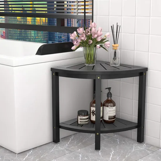 Taburete de ducha esquinero de bambú de Color negro de lujo, taburete de almacenamiento para baño