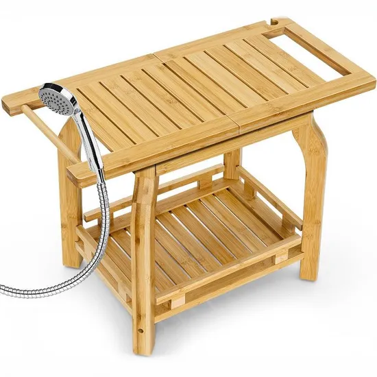 Taburete de madera multifuncional para cambiar zapatos, taburete de ducha de baño de bambú de dos capas con suspensión de toalla