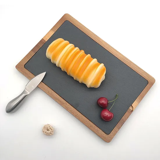 Plato rectangular de madera de Acacia para servir, tabla de servir de pizarra para carne, postres y queso