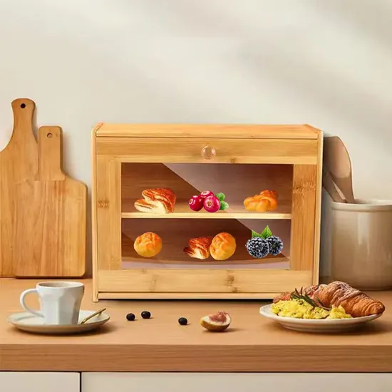 Contenedor de almacenamiento de caja de pan de bambú de doble capa con ventanas transparentes para encimera de cocina