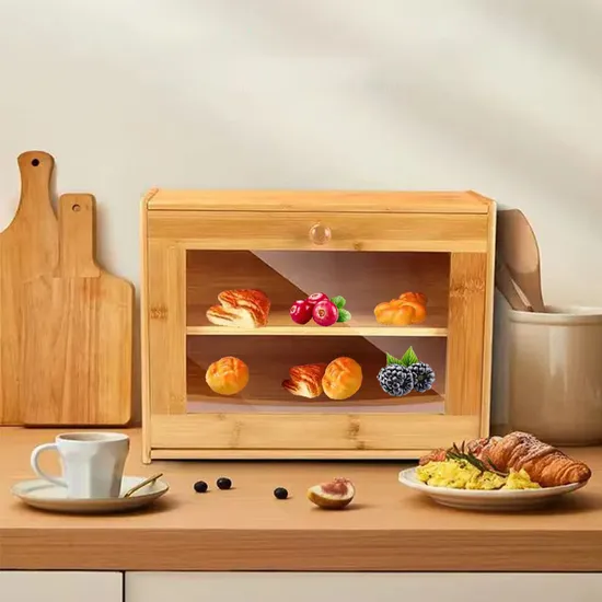 Contenedor de almacenamiento de caja de pan de bambú de doble capa con ventanas transparentes para encimera de cocina