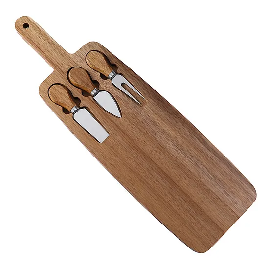 Tabla larga de queso de madera de Acacia con juego de cubiertos para acampar al aire libre