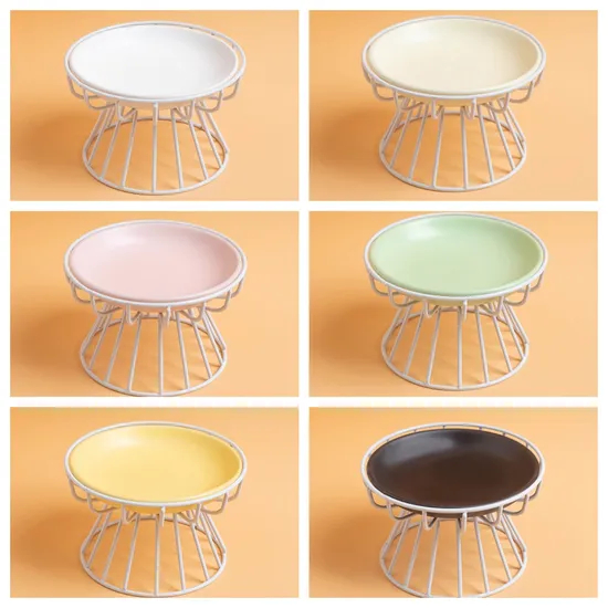 Cuencos de cerámica multicolores para gatos con plato de comida para mascotas con soporte de metal