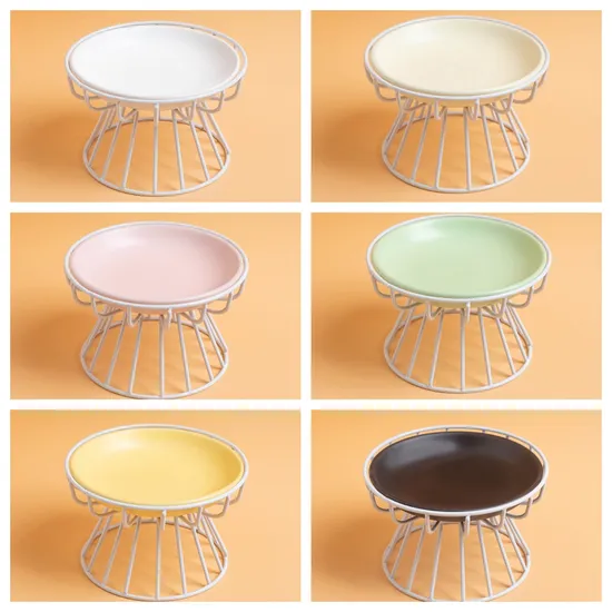 Cuencos de cerámica multicolores para gatos con plato de comida para mascotas con soporte de metal